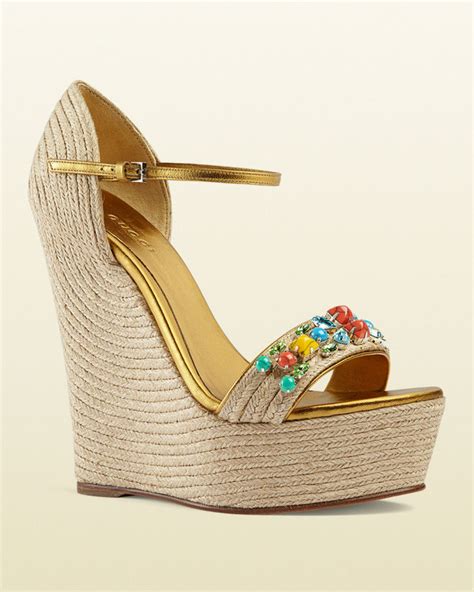 gucci carolina metallic leather corded wedge sandals|gucci wedge sandals flowers.